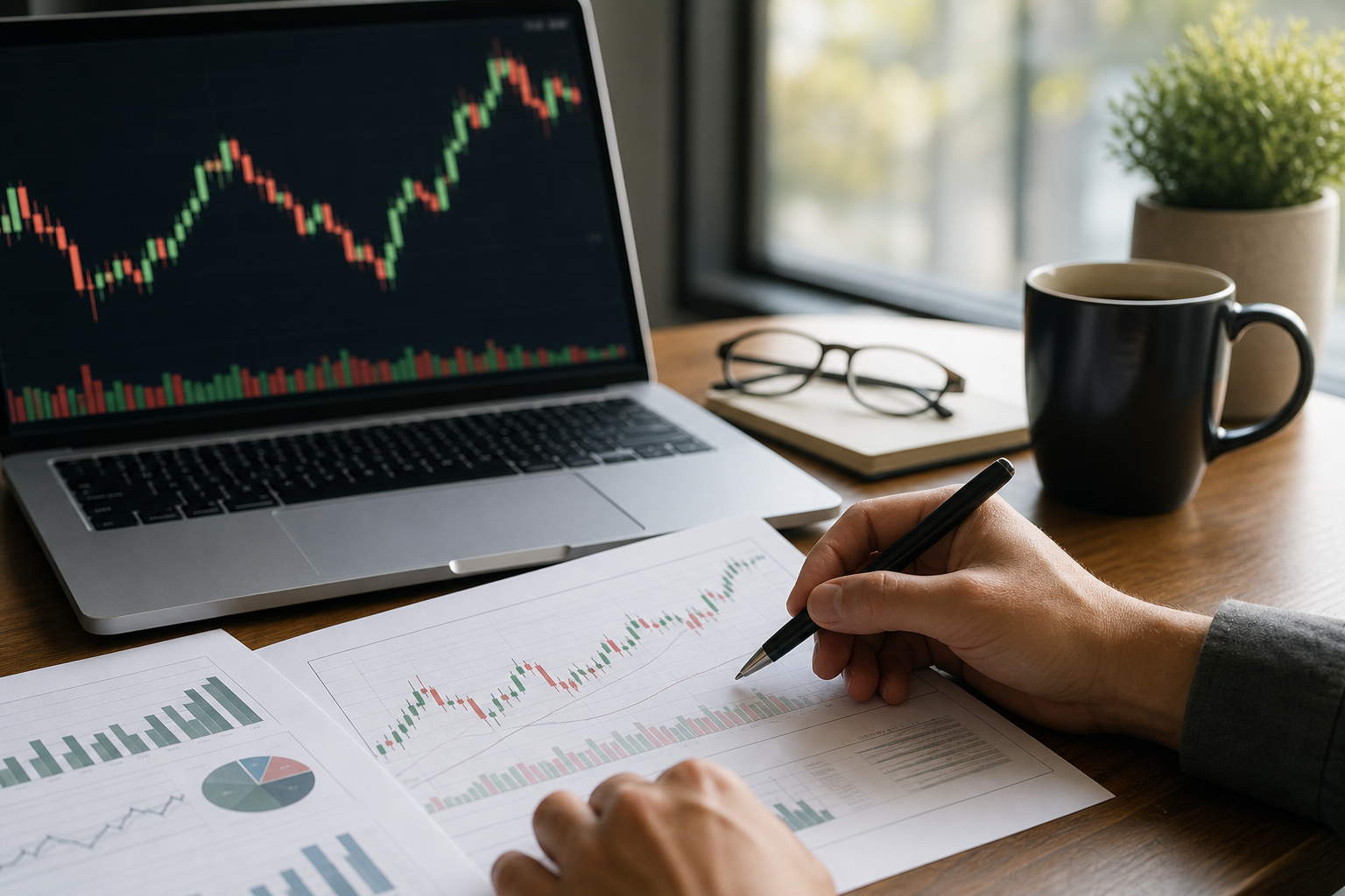Analyst reviewing financial charts at a desk