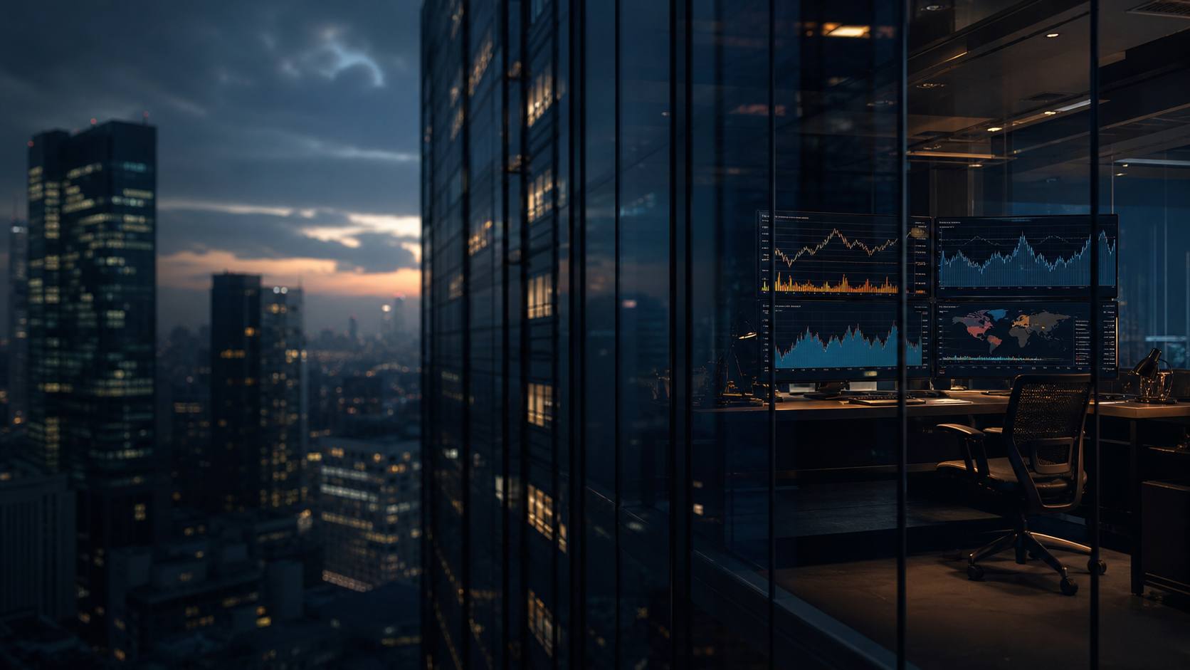 Financial district and a market analysis office at dusk
